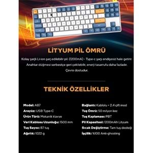 Aigo A87 Starry Blue Yellow Switch Mekanik Kablosuz Gaming Klavye (İngilizce)tch 89 Tuşlu 150cm USB-C 1200mA Pil