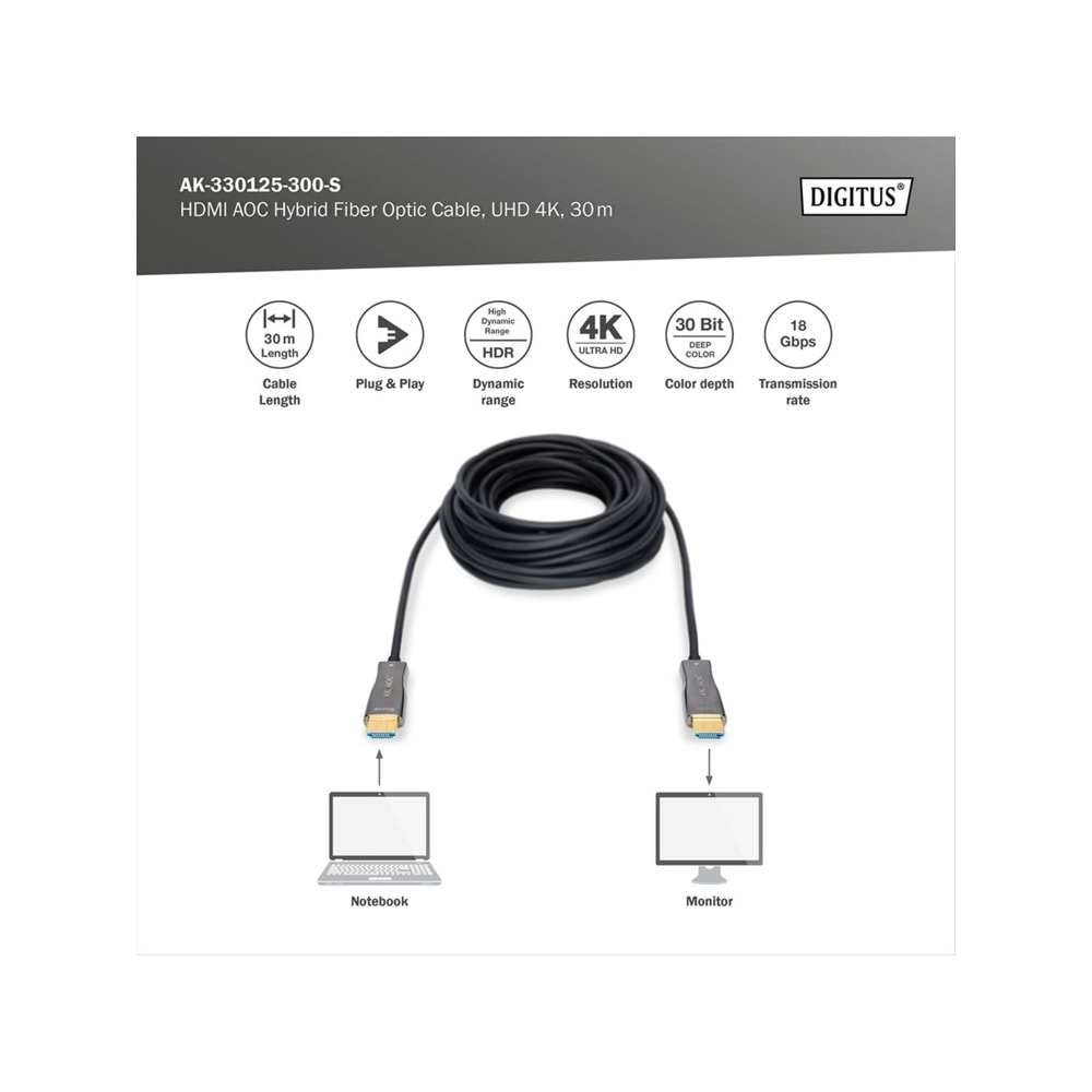 DIGITUS HDMI AOC Hybrid Fiber Optik Kablo 30m