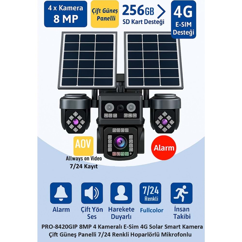 Balandi PRO-8420GIP 8MP 4 Kameralı 4G Solar Smart Kamera Çift Güneş Panelli