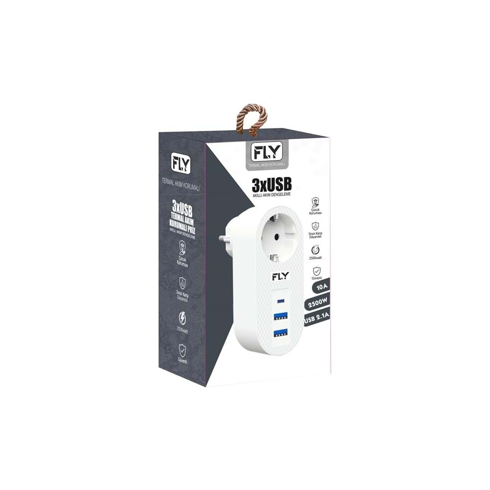 FLY 3400-01 1 Soket 2 USB 1 Type-C Akım Korumalı Priz 2.1A (Beyaz)