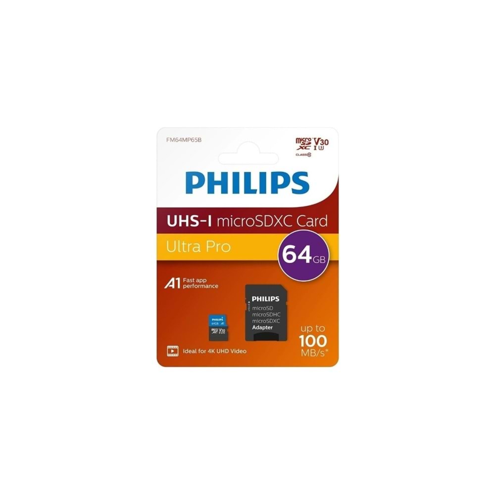 Philips FM64MP65B 64GB SDXC UHS-I V30 Class10 MicroSD Kart Bellek (SD Adaptörlü)