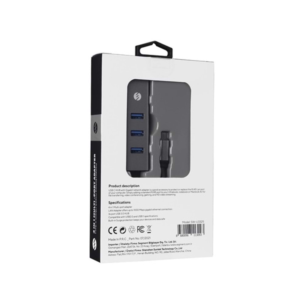 S-Link SW-U3325 GigaBit Type-C to RJ45 3xUSB 3.0 Metal Ethernet Kartı