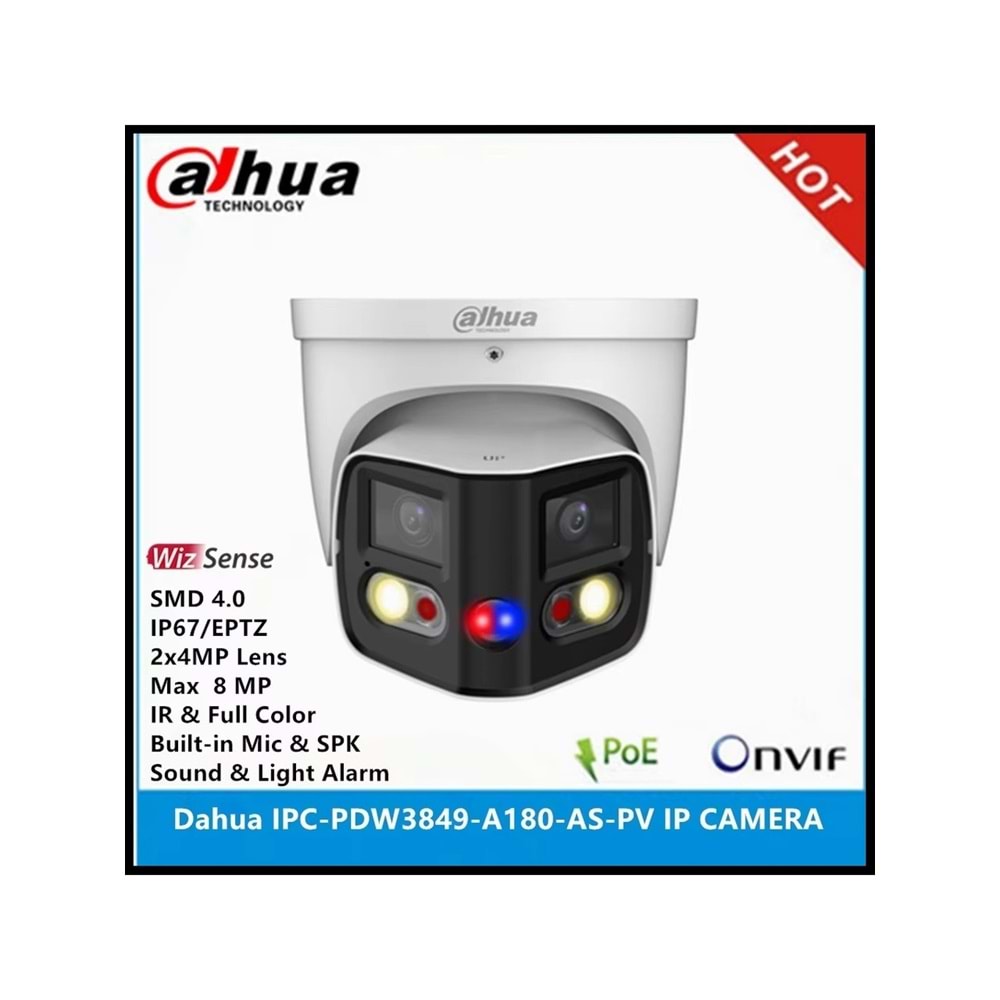 Dahua IPC-PDW3849-A180-AS-PV 2X4MP 2.8mm Lens H265+ 25Mt Dahili Mikrofon TiOC Duo Süper Geniş Açı