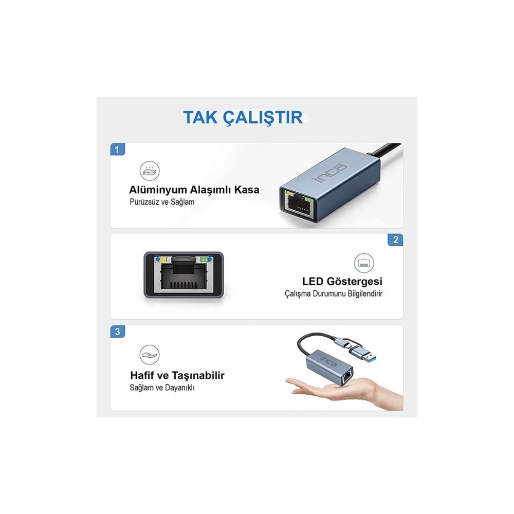 INCA IUTP-01T USB 3.0 TYPE-C 3.1 ETHERNET RJ45 1000MBPS ALUMINYUM Kasa