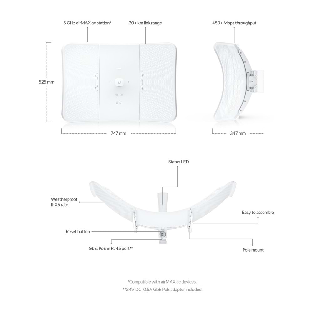 UBIQUITI LBE-5AC-XR 5Ghz 29Dbi 2X2 Mimo 30Km Ptp Dış Ortam Acces Point (Adaptörlü)