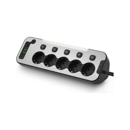 NeKuBa Bağımsız Anahtarlı 5'li Işıklı Akım Korumalı Çoklu Priz, 2x USB - 2x Type-C Giriş, Metal Ön Panel