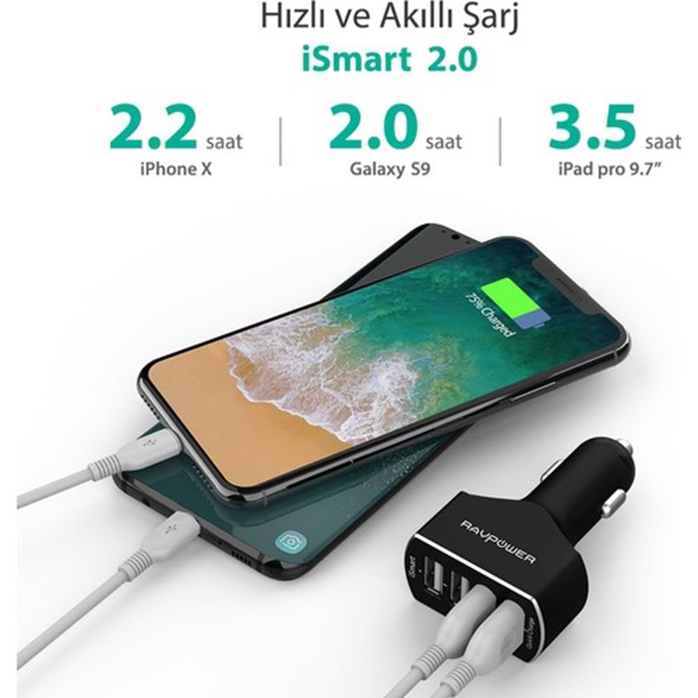 RAVPOWER 54W 4 Port QC 3.0 Hızlı Araç Şarjı Siyah RP-VC003