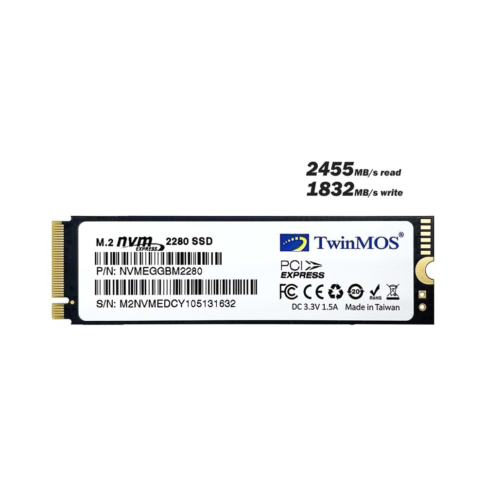 Twinmos 256GB M.2 Disk PCIe NVMe SSD Disk 2455Mb-1832Mbs 3DNAND NVMeEGBM2280