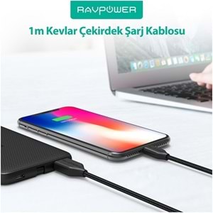 RAVPOWER 1 m USB-A Type-C Naylon/Çelik Örgülü Şarj/Data Kablosu Siyah + RP-CB017