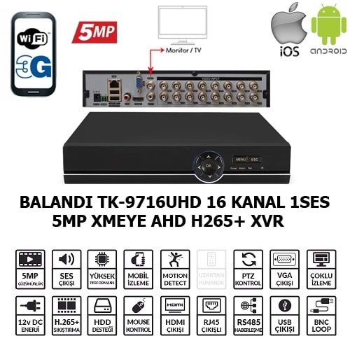 BALANDI TK-9716UHD 16CH 1SES 1Disk 5MP Xmeye AHD H265+