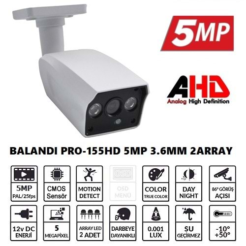 BALANDI PRO-155HD 5MP 3.6MM 2ARRAY AHD BULLET