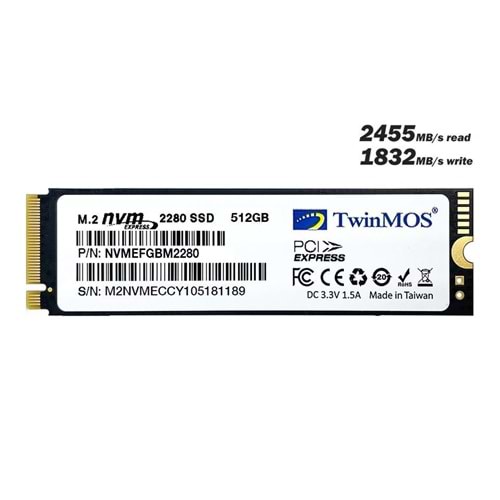 Twinmos 512GB M.2 Disk PCIe NVMe SSD Disk 2455Mb-1832Mbs 3DNAND NVMeFGBM2280